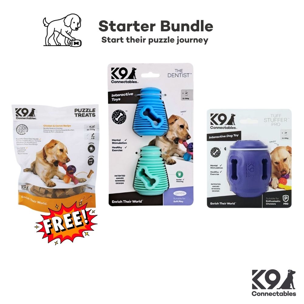 K9 Connectables starter bundle with dog toys and treats on a white background